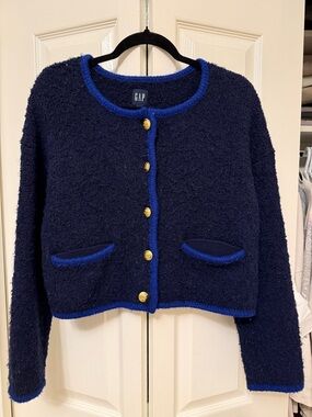 GAP Navy Bouclé Cardigan with Bright Blue Trim